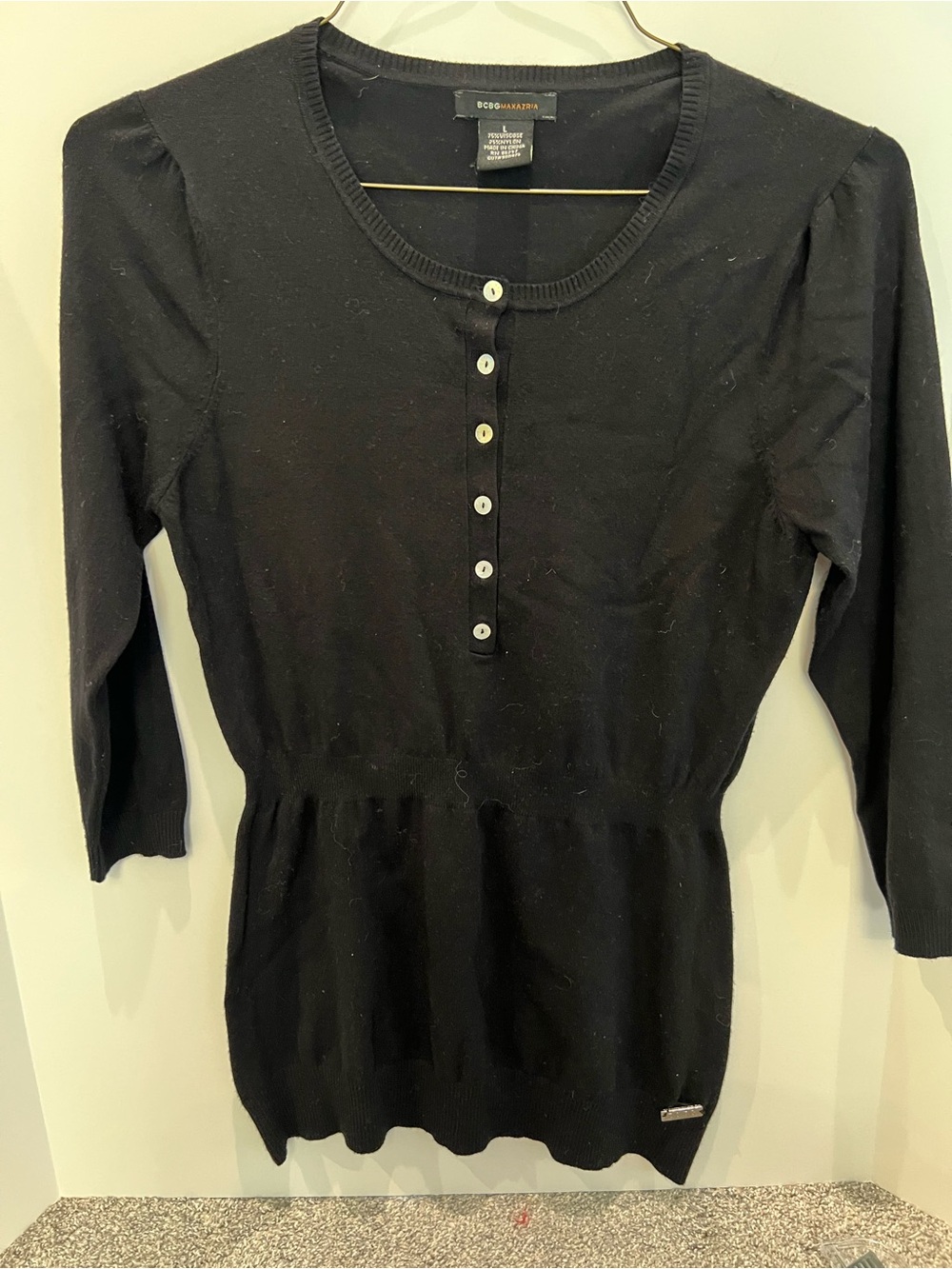 BCBGMaxAzria Black Long Sleeve Button-Front Knit Top